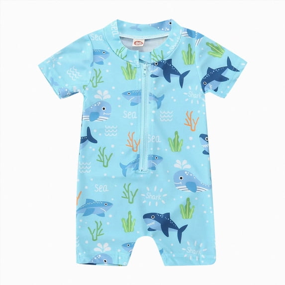 Ymyiu Baby Boy Upf 50+ One-Piece Swimsuit Newborn Infant Baby Boy One Piece Swimsuit Short Sleeve Rash Guard Swimwear Sun Protection Bathing Suits 18-24 Months (Light Blue,18-24 Months)