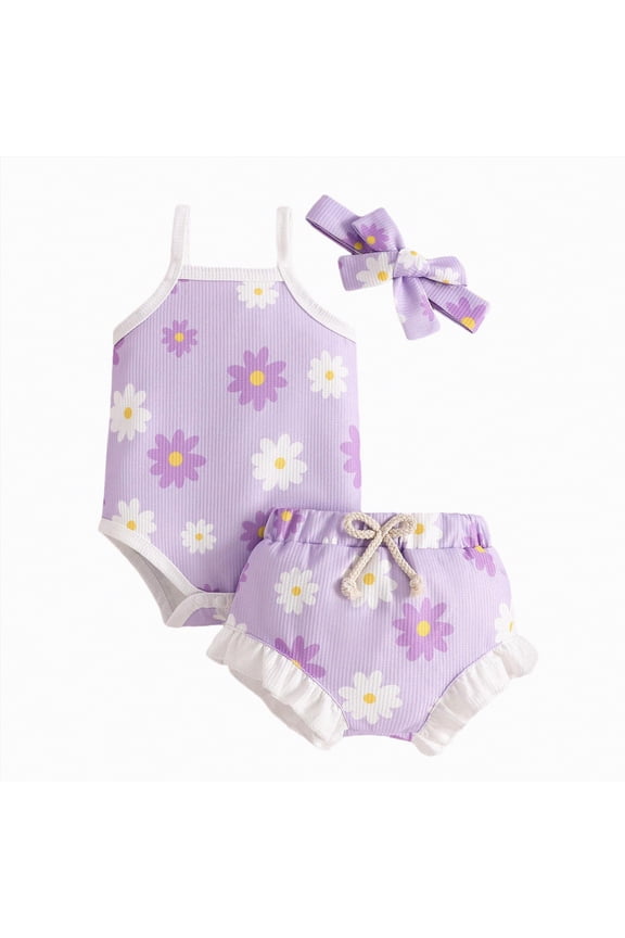 Baby Girl Coming Home Outfit Summer Newborn Baby Girl Clothes Daddys Girl Short Sleeve Romper Floral Shorts Headband Infant Summer Outfits 3 6 Months (Purple,3-6 Months)