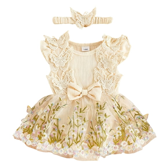 Ymyiu Baby Girl Romper Dressy Newborn Baby Girl Outfit Short Sleeve Romper Summer Clothes 1 3 Months (Beige,1-3 Months)
