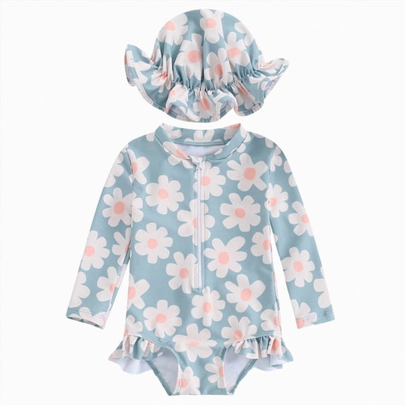 Ymyiu Baby Swim Infant Baby Girl Swimsuit Long Sleeve Rash Guard One Piece Swimwear with Hat Ruffle Bathing Suit with Zipper 2T 3T (Blue,2-3 Years)