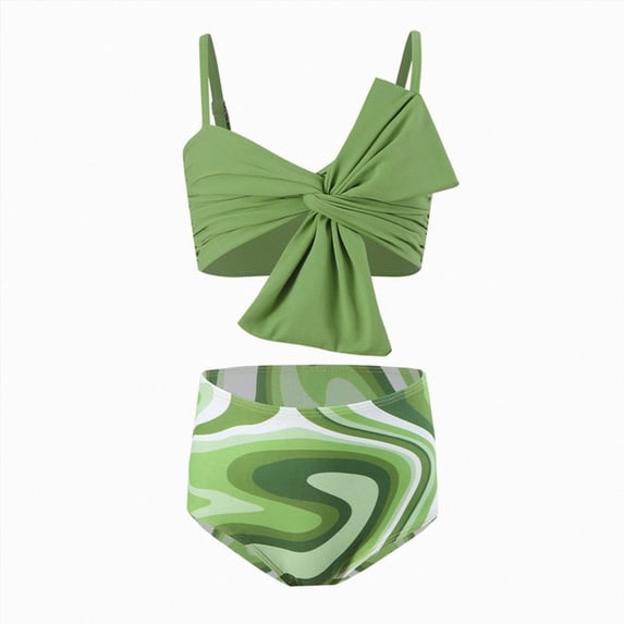 Ymyiu Bikini Girls Girls Sun Protection One Shoulder Ruffle Tankini Two Piece Swimsuit Size 10-12 Years (Green,10-12 Years)