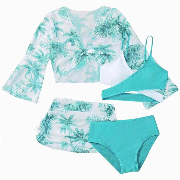 Ymyiu Bikini for Girls Girls Tankini Sets Rash Guard Bathing Set 3 Piece Bikini Swimsuit with Cover Up Beach Skirt Swimwear Size 11-12 Years (Blue,11-12 Years)