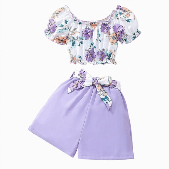 Ymyiu Girls Activewear Sets Outfit for Girls Two Piece Short Sleeve Top Elastic Waist Shorts Set Casual Clothing Sets Size 7-8 Years(Purple, 7-8 Years)