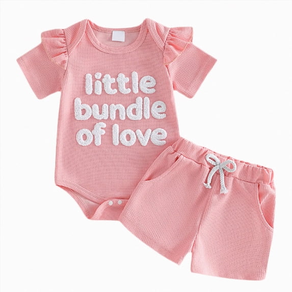 Ymyiu Girls Baby Clothes 3Pcs Baby Girl Short-Sleeve Letter Print Romper & Floral Print Layered Ruffled Shorts & Headband Set 12 18 Months (Pink,12-18 Months)