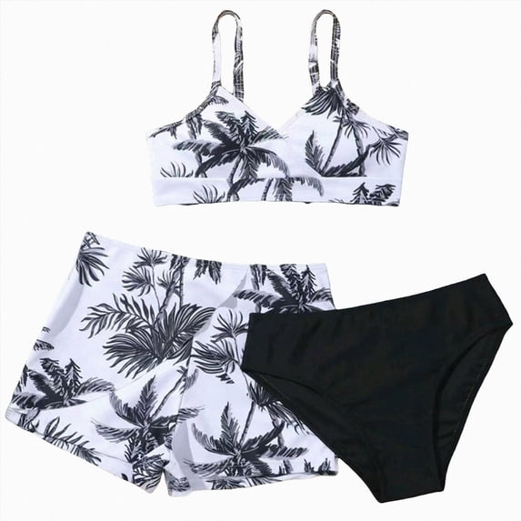 Ymyiu Girls Bikini Swimsuit Girls Swimsuits 3 Piece Bathing Suit Printed Criss Cross Bikini Set with Cover Up Skirt Beach Swimwear Size 13-14 Years (Black,13-14 Years)