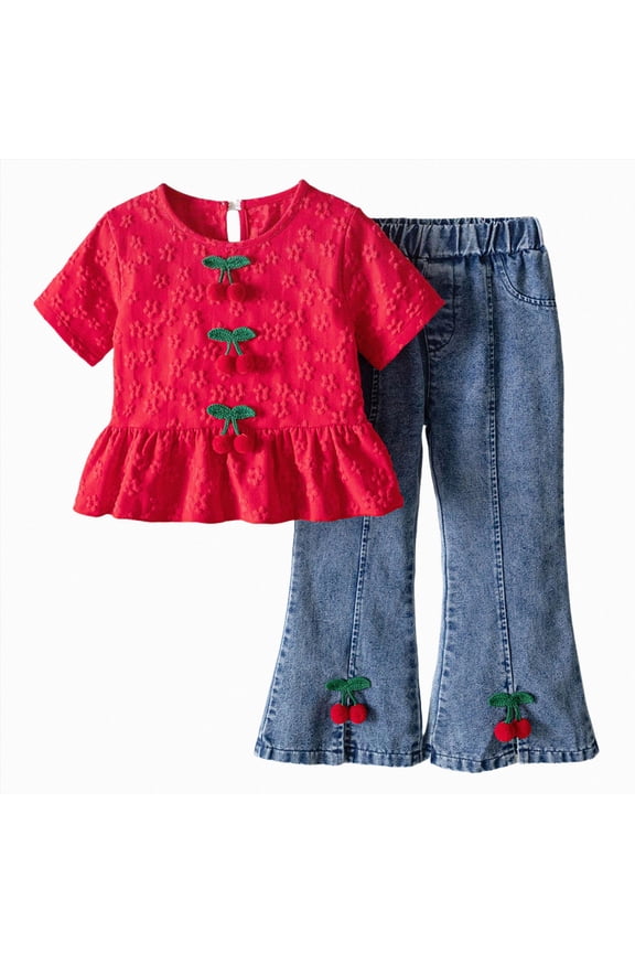 Girls Summer Clothes Toddler Baby Girl Outfits Ruffle Short Sleeve Trim Tops + Flare Pants Set Toddler 2pcs Summer Clothes 4T 5T(Red, 4-5 Years)