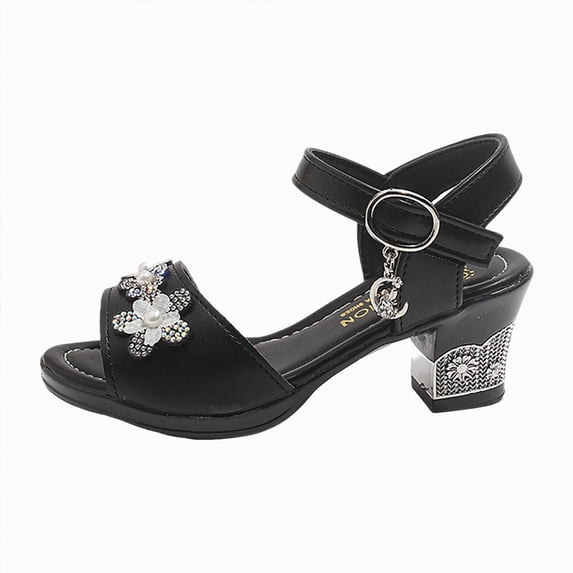 Ymyiu High Heels for Kids Girls Dress Shoes Sandals Chunky Low Heels Bow Ankle Strap Flower Girl Party Shoes Size 1 (Black,Big Kids 1)