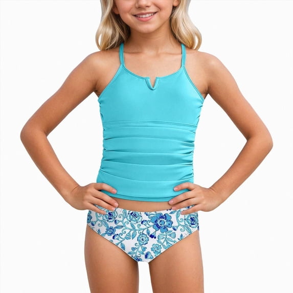 Ymyiu Infant Swimsuit Newborn Baby Girl Two Piece Swimsuit Swim Top and Bottom Tankini Bikini Set Infant Bathing Suit Girl Size 7-8 Years (Blue,7-8 Years)