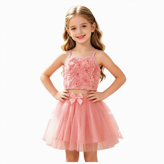 Ymyiu Kids Outfit Girls 2 Piece Summer Outfits Cute Graphic Short Sleeve Tops and Pleated Skirt Set 5T(Pink, 5 Years)