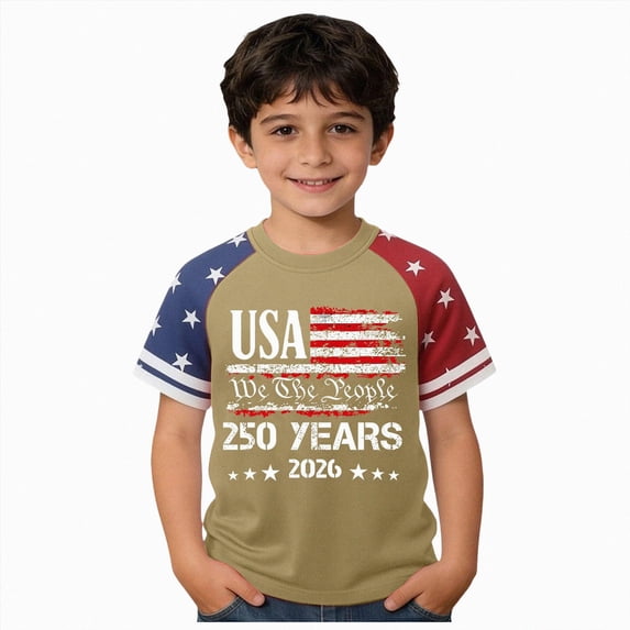Ymyiu Kids Patriotic Shirt Kids 4th of July Style T-Shirt Boys Girls Patriotic American Flag Clothes Tops Size 8-9 Years(Khaki, 8-9 Years)