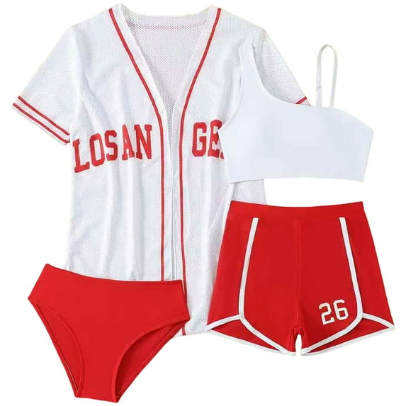 Ymyiu Kids Swimsuits Girl's 3 Piece Floral Swimsuit Cute Bikini Set High Waisted Bathing Suit Sheer Mesh Cover Up Skirt Size 9-10 Years (Red,9-10 Years)