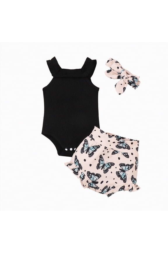 Newborn Clothes Baby Girl Toddler Girl Sets Letters Printed Short Sleeve Romper Bodysuit & Floral Print Ruffle Hem Shorts 2Pcs Outfits Baby Girl Sets 6 12 Months (Black,6-12 Months)