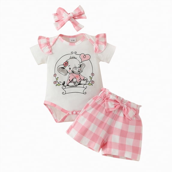 Ymyiu Newborn Outfit for Girl Girls Summer Outfit Sets Infant Short Sleeve Cartoon Prints Romper Bodysuit Shorts Outfits Back to School Outfit Sets for Girls 3 6 Months (Red,3-6 Months)