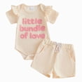 thumbnail image 1 of Ymyiu Newborn Summer Going Home Outfit Baby Girl Summer Set Letter Print Short Sleeve Romper with Pattern Ruffled Shorts and Headband 3 6 Months (Beige,3-6 Months), 1 of 5