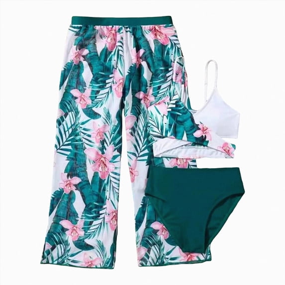 Ymyiu Swimming Suit for Girls Girls 3 Piece Cover Up Swimsuit Hawaiian Bikini Bathing Suit Size 11-12 Years (Dark Green,11-12 Years)