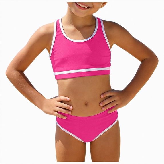 Ymyiu Toddler Bathing Suit Girl Girls' 2 Piece Floral Print Knot Front Ruched Triangle Bikini Swimsuit Size 11-12 Years (Hot Pink,11-12 Years)