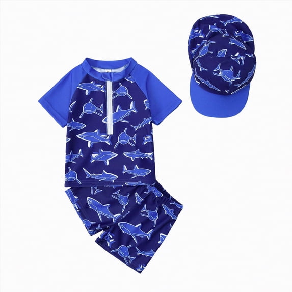 Ymyiu Toddler Boy Swim Shorts Toddler Boy Swimsuit Coverups Zip Up Bathing Suit Short Sleeve Hooded Shirt Shorts Set Swimwear Beach Cover Up 6 12 Months (Blue,6-12 Months)