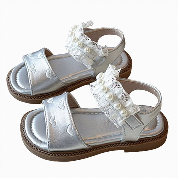Ymyiu Toddler Sandals Girl Girls Sandals Open Toe Kids Summer Flat Sandals with Zipper Fashion Dress Flower Shoes for Party Size 11 (Silver,Little Kids 11)
