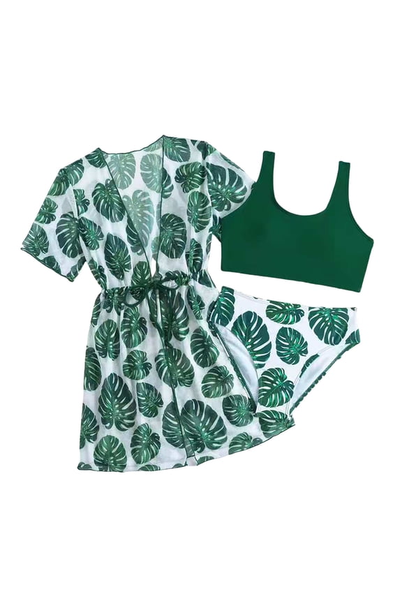 Toddler Swimsuit Set Girl's 3 Piece Bikini Bathing Suit Printed Sport Swimsuits with Shorts Cover Up Sets Teen Girl's Swimwear Size 9-10 Years (Green,9-10 Years)