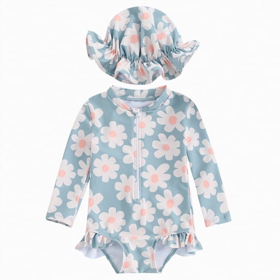 Ymyiu Baby Bathing Suit Girl Infant Baby Girl Swimsuit One-Piece Long Sleeve Rash Guard with Hat Set Zipper Bathing Suit Beach Wear 6-12 Months (Blue,6-12 Months)