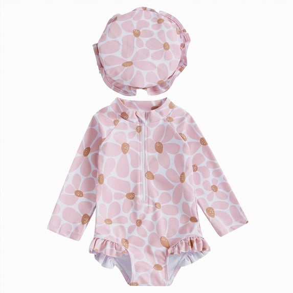 Ymyiu Baby Swimsuit Girl with Hat Toddler Baby Girl Swimsuit Long Sleeve One Piece Rash Guard Zipper Swimwear with Hat 0-3 Months (Pink,0-3 Months)