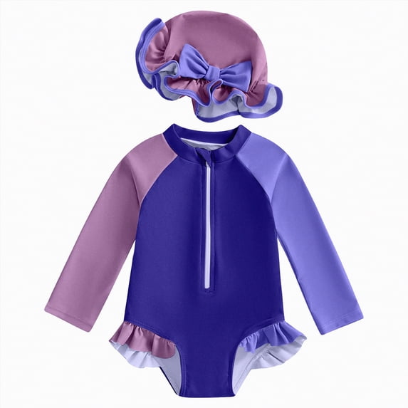 Ymyiu Baby Bathing Suit Girl with Hat Girls Long-Sleeved One-Piece Swimsuit Summer Swimwear with Zipper Swimming Suits UPF 50+ Sun Protection 6-12 Months (Purple,6-12 Months)