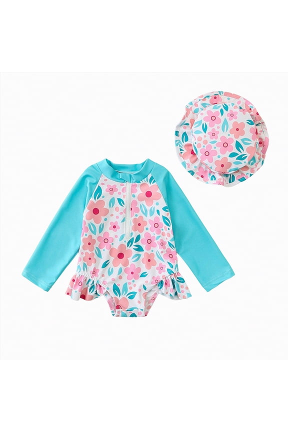 Baby Bathing Suit Girl Baby Girl Swimsuit Summer One-Piece Infant Bathing Suit with Hat Long Sleeve Zipper Rash Guard Beach Swimwear 9-12 Months (Green,9-12 Months)