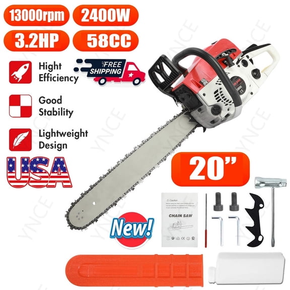 Ynce 58cc Gas Chainsaw,20 Inch Gasoline Powered Chain Saw 2-Stroke Gas Chainsaws,Durable Portable Chain Saw for Wood Cutting,Tree Pruning and Firewood Preparation
