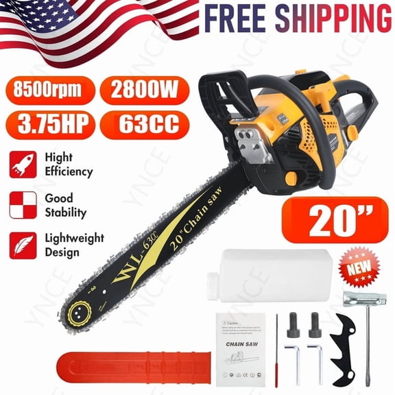 Ynce 63CC Gas Powered Chainsaw 20 Inch, Lightweight Top Handle Handheld Chainsaw with Quenched Chain, Auto Lubrication, Safety Lock & Quick Stop for Tree Wood Cutting