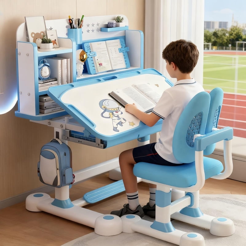 YNCE Kids Height Adjustable 2-in-1 Desk and Chair Set w/ Posture Support Ergonomic Chairs Book Rest Footrest, Study Table for Children Grows 3-8 Year