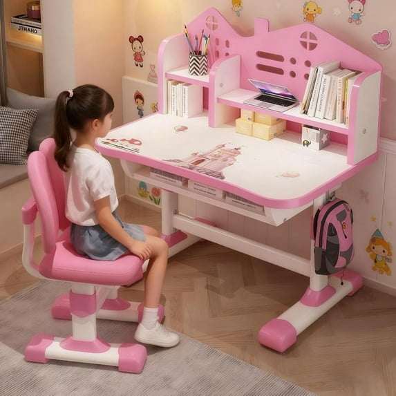 YNCE Kids Study Desk and Chair Set - Height Adjustable Study Table with Storage Drawer, Sturdy Metal Frame, Ideal for Learning and Homework