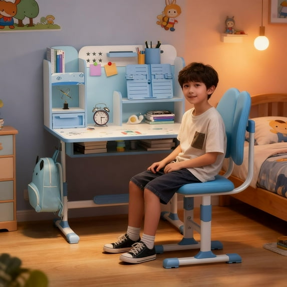 YNCE 2-Piece Study Desk and Chair Set For Kids, Height Adjustable Children School Table with Ergonomic Design, Book Stand, Foot Pedal