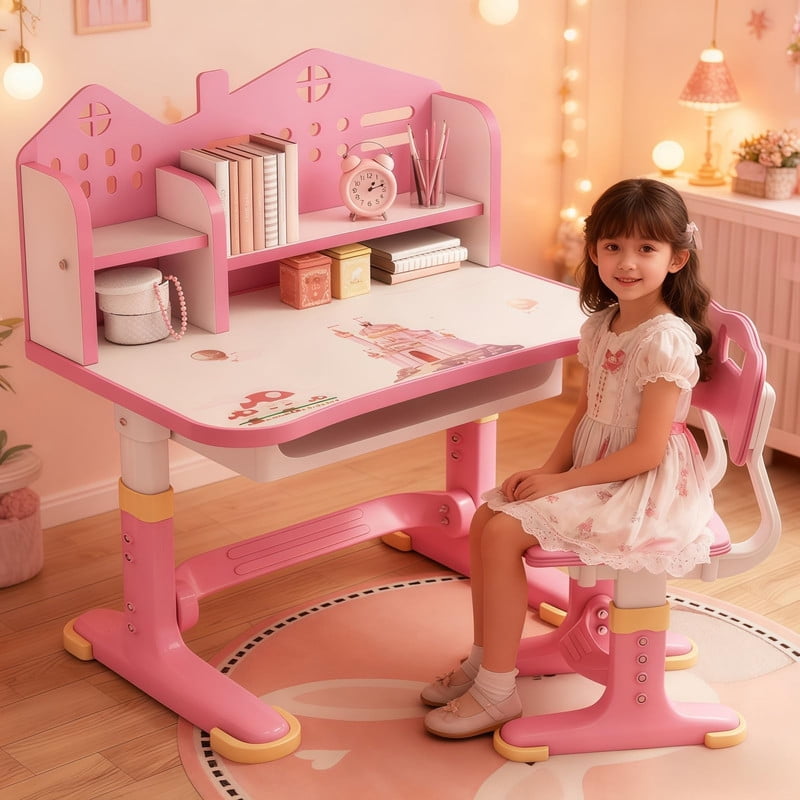YNCE Kids Art Desk & Chair Sets Height Adjustable Children School Study Table and Chair set, Widened Desktop, Easy Installation, Free Standing, Extended Pedal