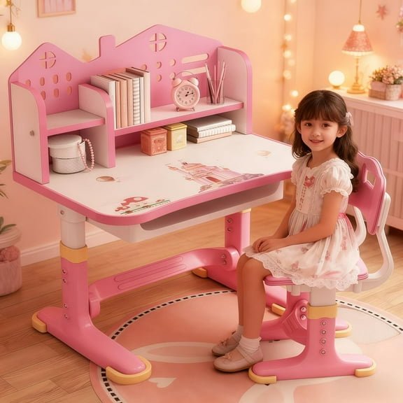 YNCE Kids Art Desk & Chair Sets Height Adjustable Children School Study Table and Chair set, Widened Desktop, Easy Installation, Free Standing, Extended Pedal