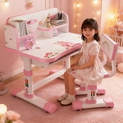 YNCE Kids Functional Study Desk and Chair Set, Height Adjustable Children School Study Table Chair Set with Cartoon Pattern, Ergonomic Desk Chair with Large Writing Board