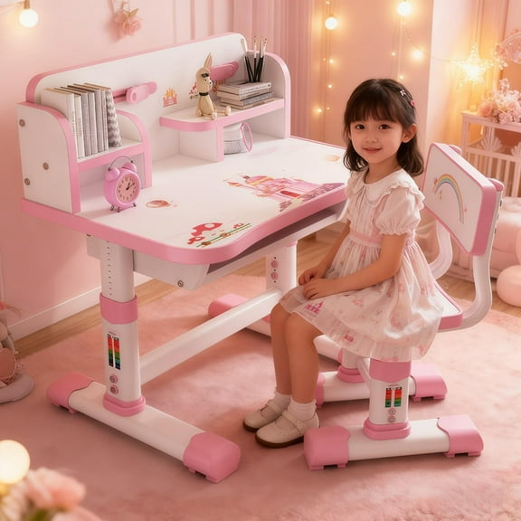YNCE Kids Functional Study Desk and Chair Set, Height Adjustable Children School Study Table Chair Set with Cartoon Pattern, Ergonomic Desk Chair with Large Writing Board