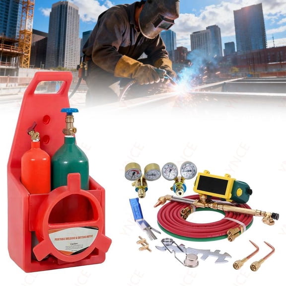 Ynce Oxy Acetylene Torch Kit, Long Pipe Brass Nozzle Cutting Torch Kit with Gauge Oxygen Acetylene, Portable Brass Nozzle Welding Cutting Torch Kit Soldering Equipment