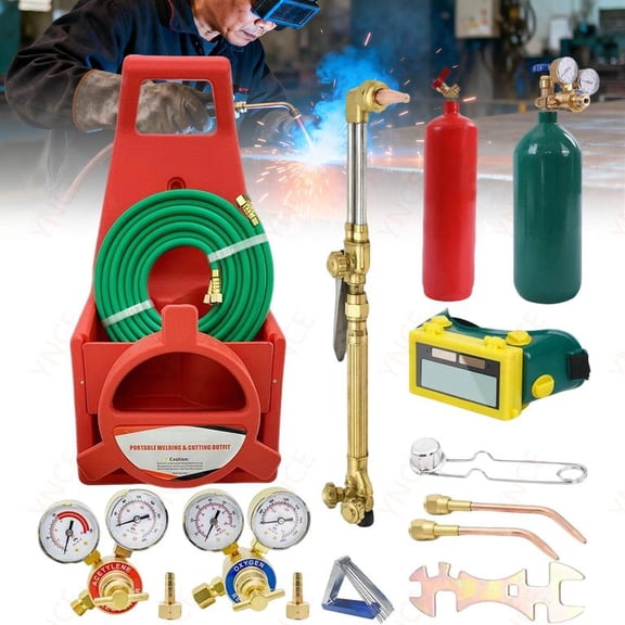 Ynce Oxyacetylene Welding and Cutting Torch Kit With Oxygen Acetylene Tanks, Long Pipe Brass Nozzle