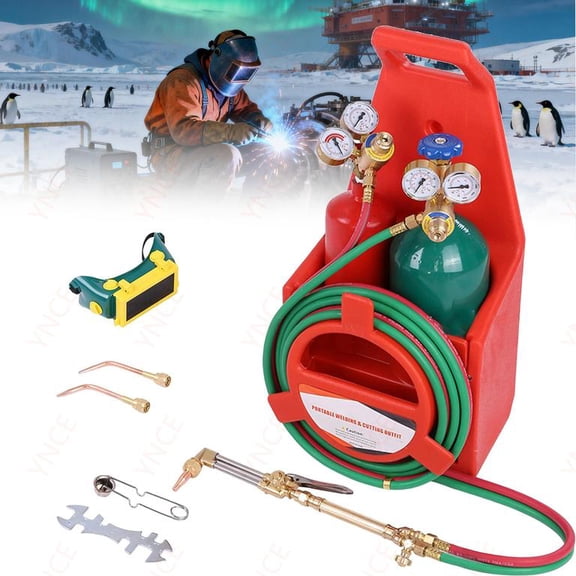 Ynce Oxy Acetylene Torch Kit, Long Pipe Brass Nozzle Cutting Torch Kit with Gauge Oxygen Acetylene, Portable Brass Nozzle Welding Cutting Torch Kit Soldering Equipment
