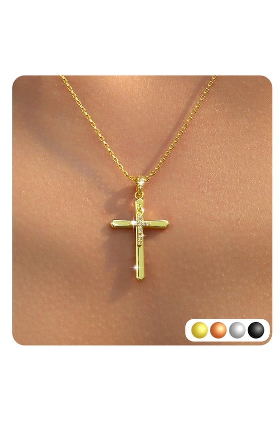 18K Gold Plated Cross Necklace, S925 Sterling Silver Movable Cross Pendant with Crystal Christian Faith Jewelry Gift for Women Birthday Valentine’s Day
