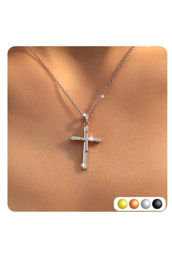 18K White Gold Plated Cross Necklace, S925 Sterling Silver Movable Cross Pendant with Crystal Christian Faith Jewelry Gift for Women Birthday Valentine’s Day