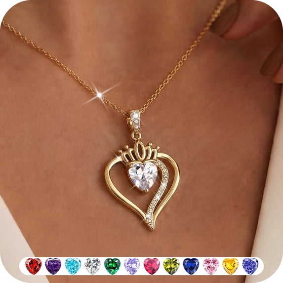 Yndra 18k Gold Plated Heart Necklace for Women,S925 Sterling Silver April Simulated Diamond Birthstone Crown Pendant Necklace,Jewelry Gift for Her Wife Mom Girlfriend,Birthday Mother’s Day Gift