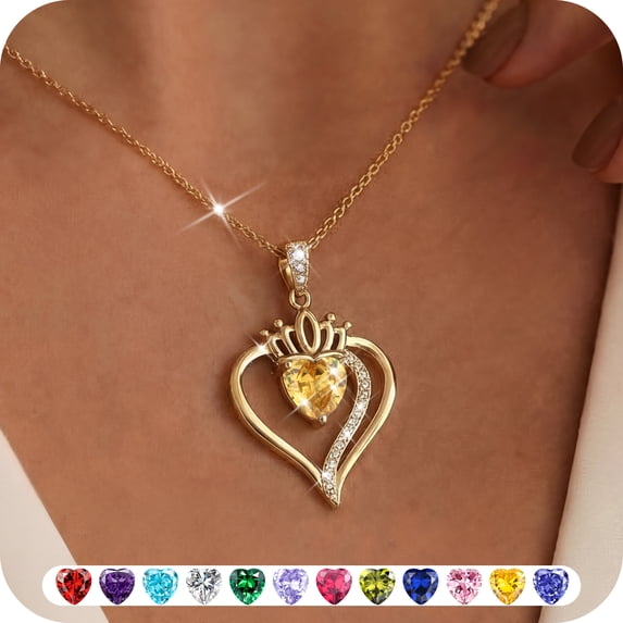 Yndra 18k Gold Plated Heart Necklace for Women,S925 Sterling Silver November Citrine Birthstone Crown Pendant Necklace,Jewelry Gift for Her Wife Mom Girlfriend,Birthday Mother’s Day Gift