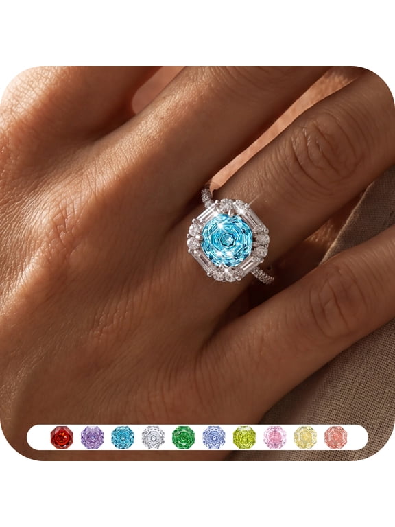 Birthstone Ring for Women,Silver Plated Halo CZ Adjustable Ring,Vintage Promise Band Ring,Valentine’s Day Birthday Christmas Mother’s Day Jewelry Gift for Wife Mom Girlfriend