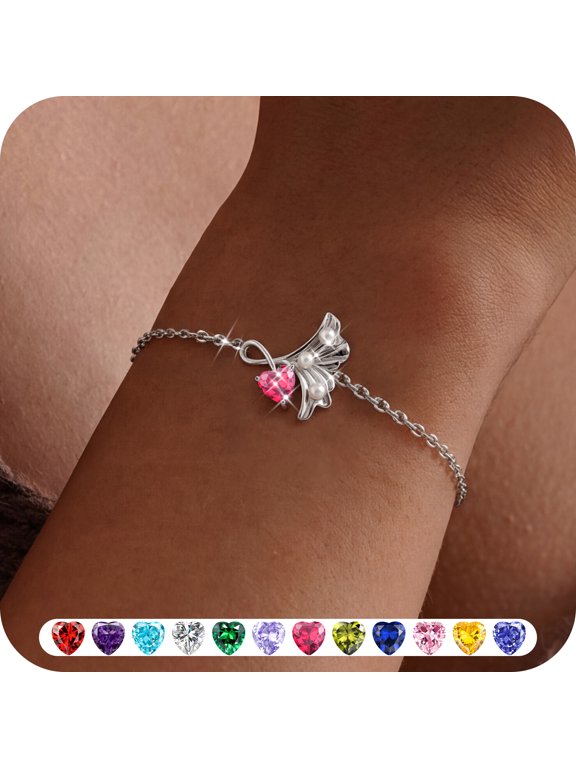 Bracelets for Women, S925 Sterling Silver July Ruby Birthstone Charm Bracelet, Leaf Pearl Birthday Mother’s Day Jewelry Gift for Her Wife Mom Girlfriend