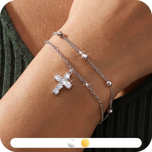 Yndra Cross Bracelet for Women,Dainty Layered 18K White Gold Plated Bracelet Jewelry Gift for Women Wife Mom Girlfriend