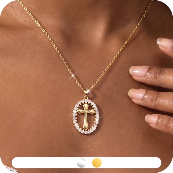Yndra Cross Necklace for Women,Dainty Oval Halo CZ Christian Pendant Necklace,18K Gold Plated Religious Jewelry Gift for Her Women Wife Mom