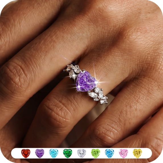 Yndra Heart Birthstone Ring for Women,Silver Plated CZ Promise Ring,Heart Engagement Ring, Valentine’s Day Birthday Christmas Mother’s Day Jewelry Gift for Women Wife Mom Girlfriend