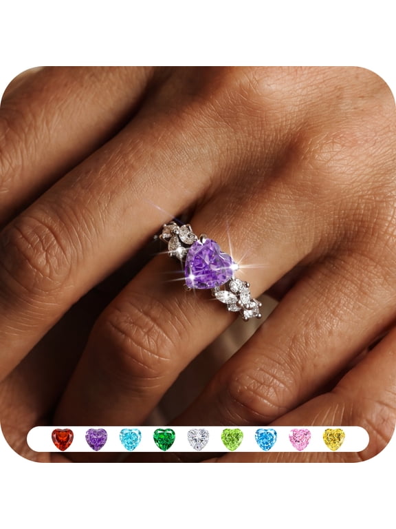 Heart Birthstone Ring for Women,Silver Plated CZ Promise Ring,Heart Engagement Ring, Valentine’s Day Birthday Christmas Mother’s Day Jewelry Gift for Women Wife Mom Girlfriend
