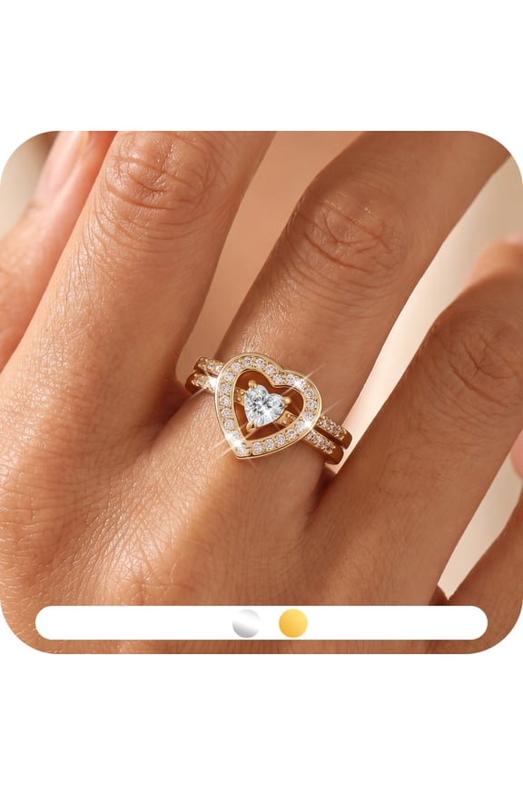 Heart Moissanite Ring Set for Women, 2PCS Stackable Wedding Ring Set,18K Gold Plated Promise Rings,Dainty Engagement Jewelry Gift for Her Size 7